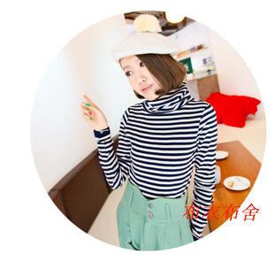 2019女装纯棉黑白条纹加肥加大高领堆堆领长袖T恤/打底衫