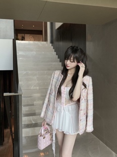 轻奢羊毛粗花呢马卡龙粉小香外套中长款 ROUGE DIAMOND千金甜心