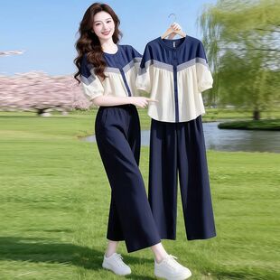 韩版撞色两件套女夏季宽松百搭五分短袖衬衫上衣+阔腿裤时尚套装