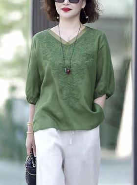 棉麻大码套装中年妈妈素订棉麻新款夏两件套品牌贵夫人阔太太高端