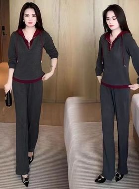 时尚减龄春秋新款连帽上衣裤子俩件套女秋季高档薄款运动休闲套装