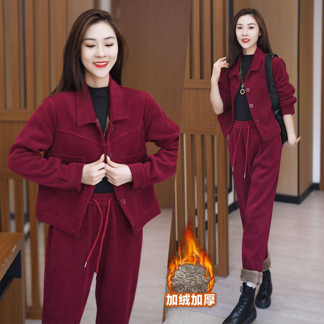 加绒加厚年服套装女士2026秋冬季新款韩版宽松洋气时尚百搭两件套