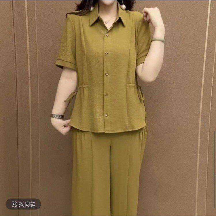 时尚洋气妈妈套装女士2026夏季新款宽松纯色短袖开衫阔腿裤两件套