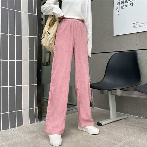 Spring corduroy women's high waist straight tube loose wide leg pants with pockets