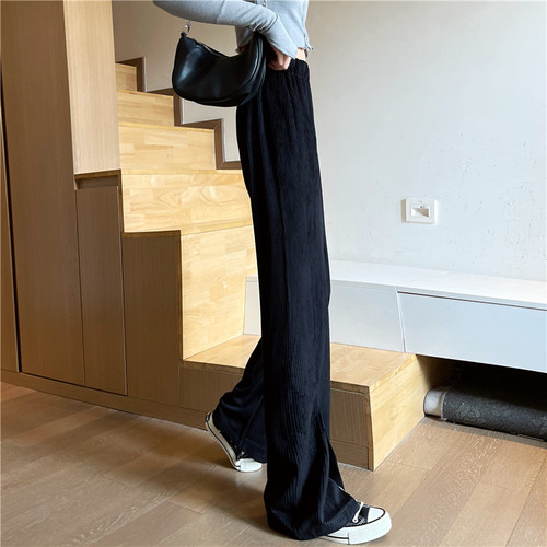 Real shot spring and autumn new style split wide leg pants high waist straight pants vertical horn wick flannel pants