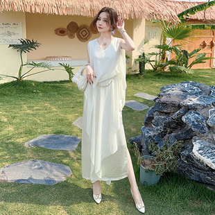 长裙白色V领遮肉高腰连衣裙女 度假风显瘦蝙蝠袖 20252025夏季 新款