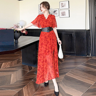 短袖 20252025夏季 显瘦长裙小众时尚 高级感修身 V领高腰连衣裙 新款