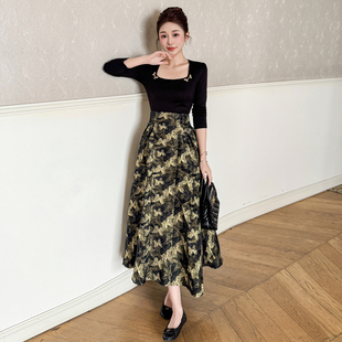 A字裙 型高腰连衣裙女提花优雅长袖 春季 高腰方领蝴蝶结配饰修身