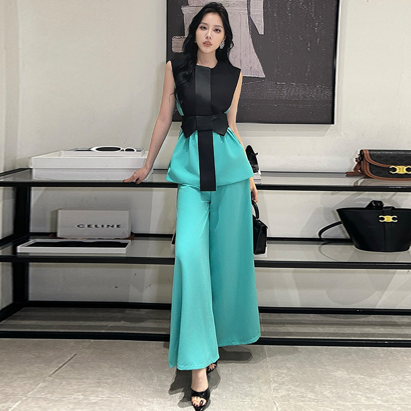 2025夏季新款高级感名媛气质显瘦圆领无袖上衣阔腿裤两件套套装女