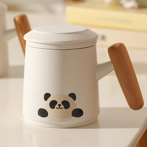 可爱熊猫精致陶瓷泡茶杯分离杯子实木手柄女士个人专用办公室喝茶