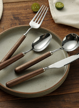 胡桃木叉勺子加厚304不锈钢家用高档木柄吃饭汤匙长柄叉子喝汤勺