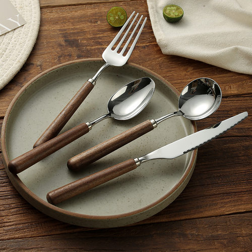 胡桃木叉勺子加厚304不锈钢餐具