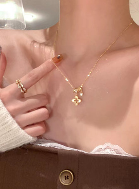 金色闪锆镂空四叶草吊坠项链女轻奢小众高级感配饰长款配裙子颈链