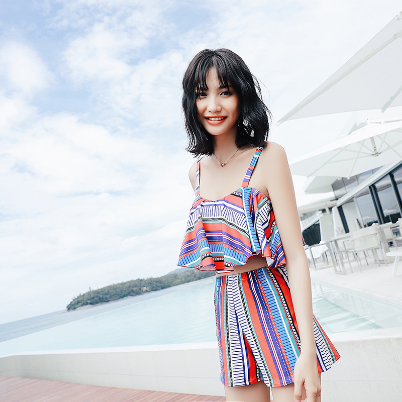 亦美珊泳衣女三件套 裙式 温泉韩国泳衣女分体高腰瘦荷叶边泳衣