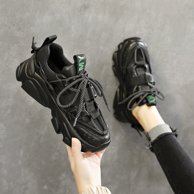 港风轻奢新款~厚底黑色真皮老爹鞋女秋冬百搭透气增高休闲运动鞋