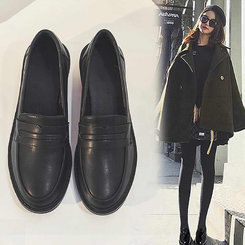 港风轻奢新款~真皮英伦风小皮鞋女春秋黑色加绒厚底一脚蹬乐福鞋