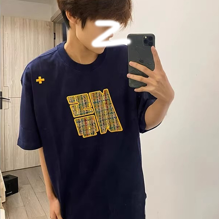 夏季字母刺绣重磅短袖男美式藏青色纯棉t恤高级感五分袖上衣外穿
