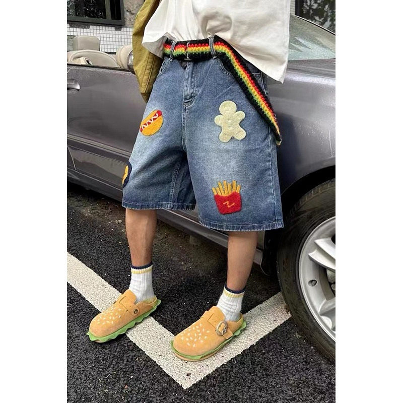 美式复古汉堡薯条毛巾绣牛仔短裤男女夏季小众宽松阔腿直筒五分裤