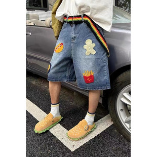 美式复古汉堡薯条毛巾绣牛仔短裤男女夏季小众宽松阔腿直筒五分裤