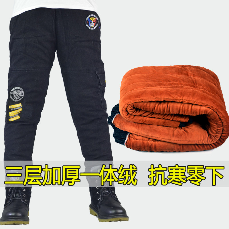 男童加绒加厚冬季三层夹棉牛仔裤