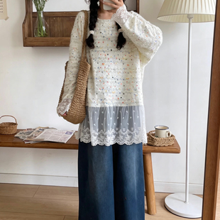 日系森女风蕾丝拼接长袖 女甜美减龄叠穿蕾丝上衣 打底衫