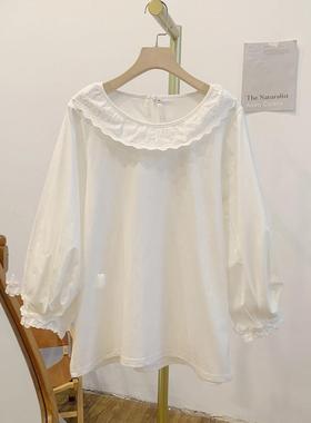 C1318蕾丝边拼接娃娃领长袖T恤