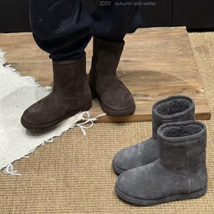 锁定高品Gy磨砂牛皮加绒雪地靴女2025新款保暖套筒棉鞋中筒靴女鞋