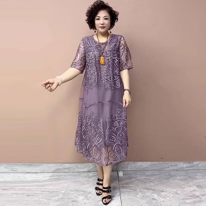 2024夏装新款网纱绣花连衣裙女中长款妈妈装网纱遮肉显瘦宽松长裙
