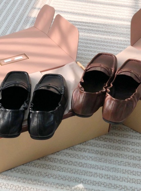 GR家莞产高货Nappa羊皮方头松紧褶皱乐福鞋~欧美芭蕾舞平底女鞋