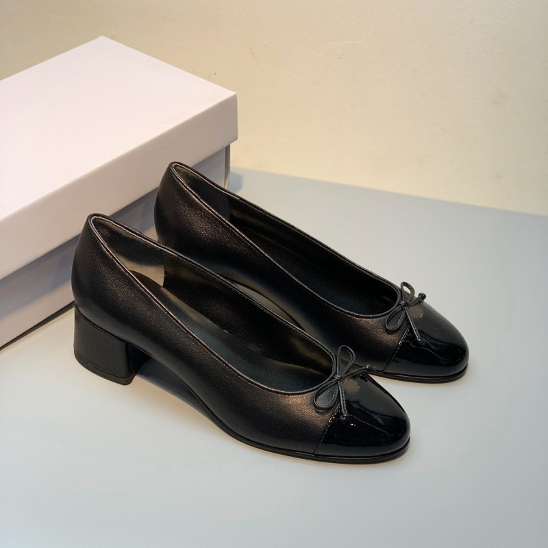 莞产真皮圆头浅口蝴蝶结平底芭蕾舞女鞋 粗跟时尚百搭拼接单鞋