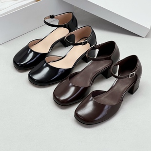 【GR]莞产真皮粗跟圆头浅口一字带玛丽珍女鞋~欧美复古赫本风单鞋