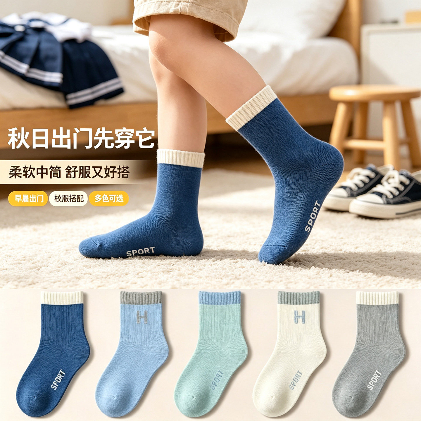 儿童袜子男童秋薄款棉袜中筒