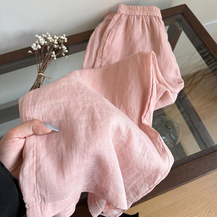 休闲垂感亚麻裤 女薄款 专柜撤回外贸尾货粉色棉麻阔腿裤 清仓捡漏