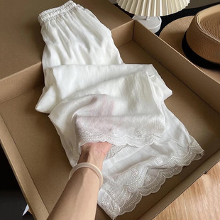 捡漏~外贸胖妹妹大码240斤女装花边刺绣亚麻阔腿裤轻薄直筒裤
