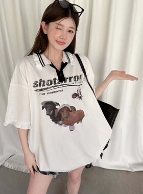 2026减龄学院风小狗印花撞色领短袖T恤女春夏宽松显瘦落肩袖上衣