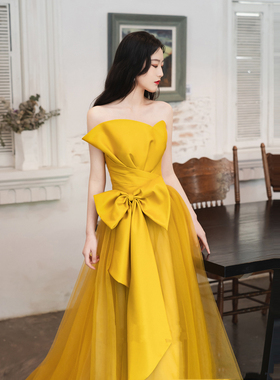 2025新款黄色礼服晚宴蝴蝶结新娘结婚敬酒服演出表演服生日宴年会