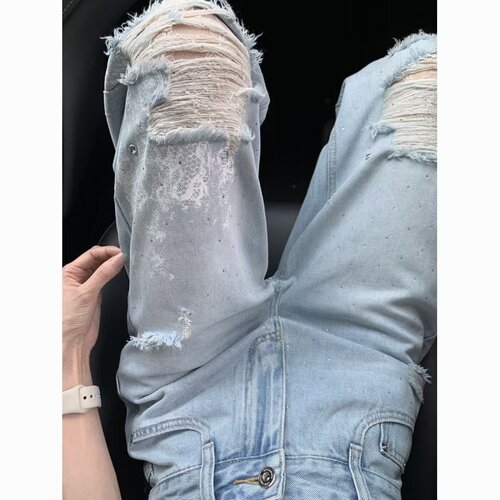 复古烫钻高腰阔腿牛仔裤女夏季