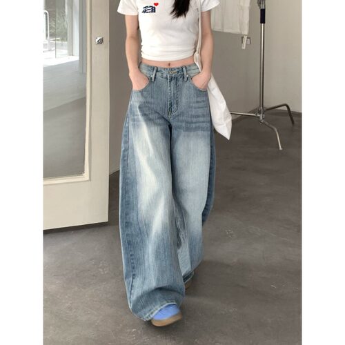 夏季蓝色复古高腰阔腿牛仔裤女