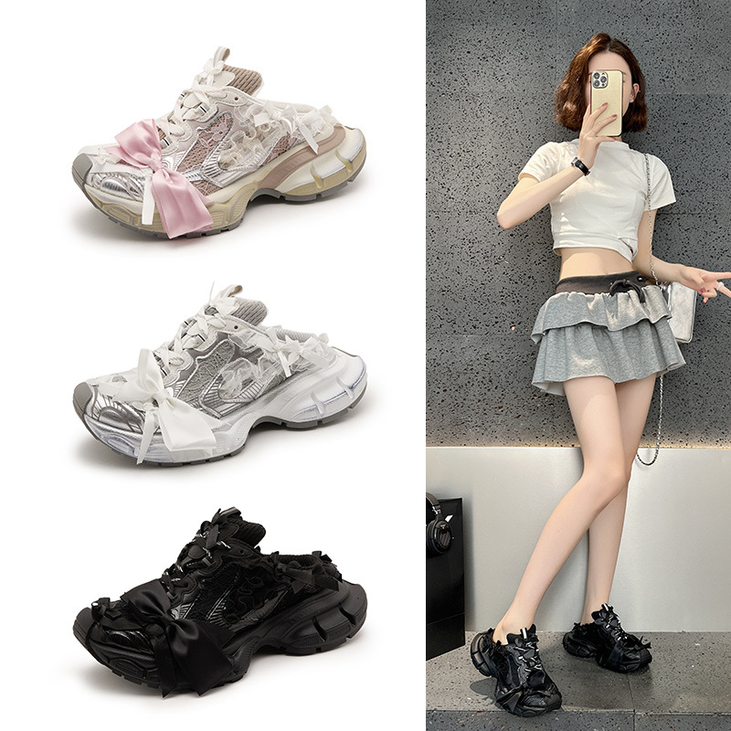 巴黎家蕾丝蝴蝶结半拖厚底增高老爹鞋女网面透气休闲运动鞋潮