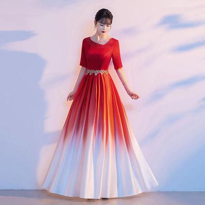红色渐层晚礼服裙女大合唱团表演服装独唱指挥演出服长裙成人朗诵