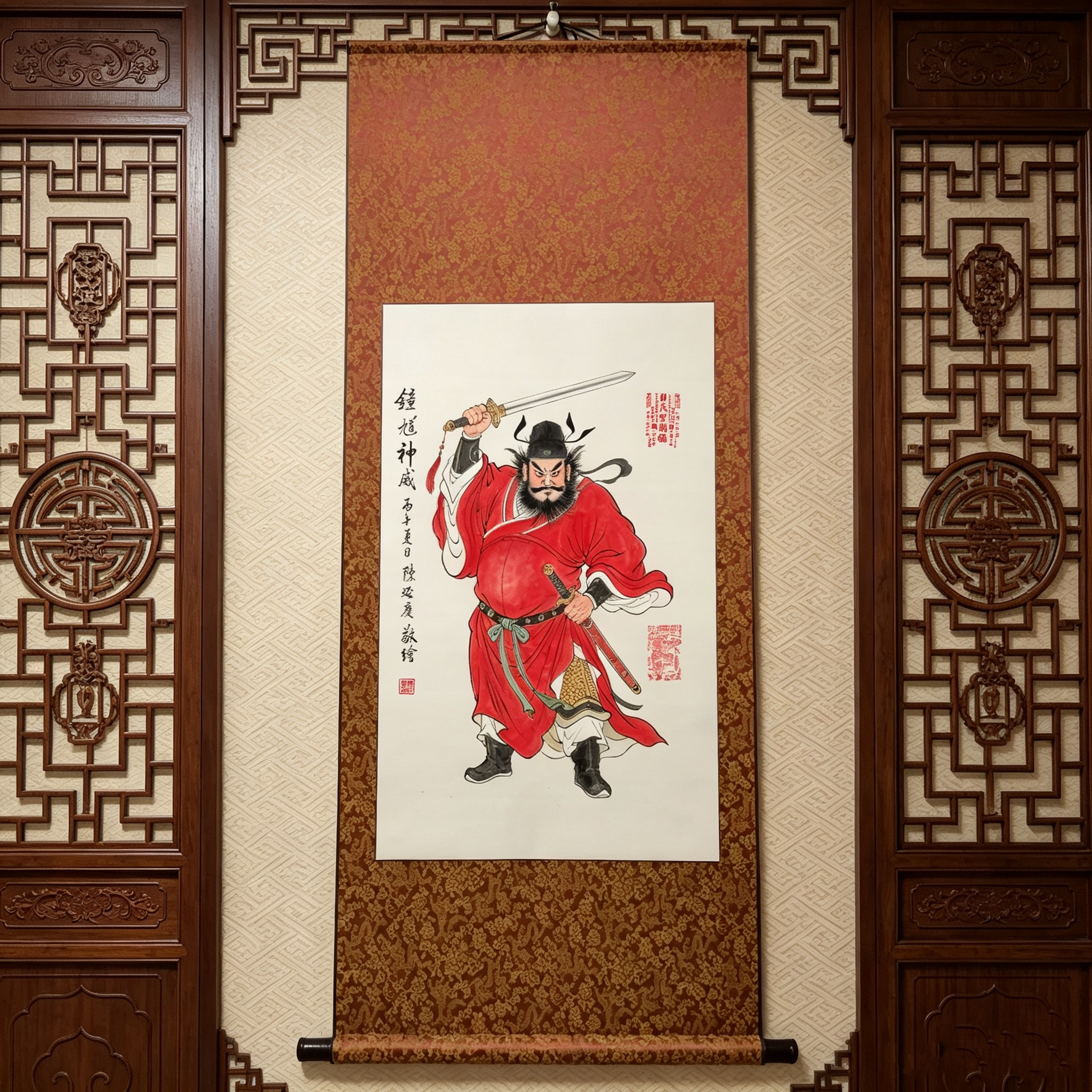 纯手画古法朱砂液钟馗国画挂轴