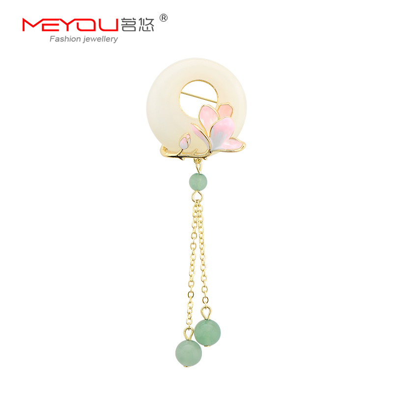 古风粉色百合流苏胸针高档女平安扣旗袍胸花新款复古宫廷别针配饰