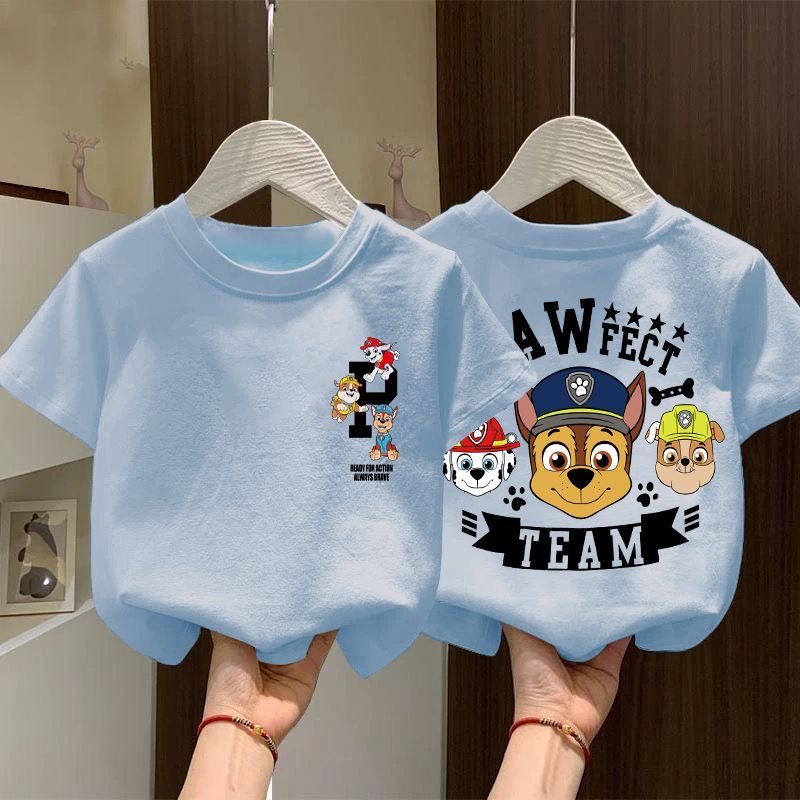 汪汪队字母印花纯棉短袖T恤男女童时尚百搭洋气宽松休闲上衣服潮
