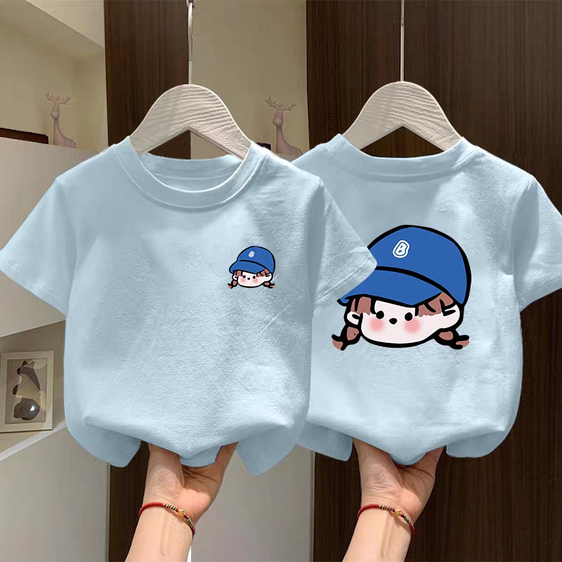 男童短袖t恤女童新款夏季儿童洋气潮酷纯棉体恤宝宝半袖蓝色上衣