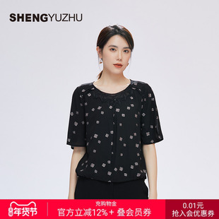 声雨竹官方旗舰店夏季新款女士上衣宽松半袖雪纺黑色波点气质休闲