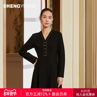声雨竹连衣裙女V领长袖A字裙商务优雅羊毛混纺中高腰黑色气质通勤