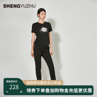声雨竹官方旗舰店秋季 圆领植物花卉上衣气质休闲 新款 T恤休闲短袖