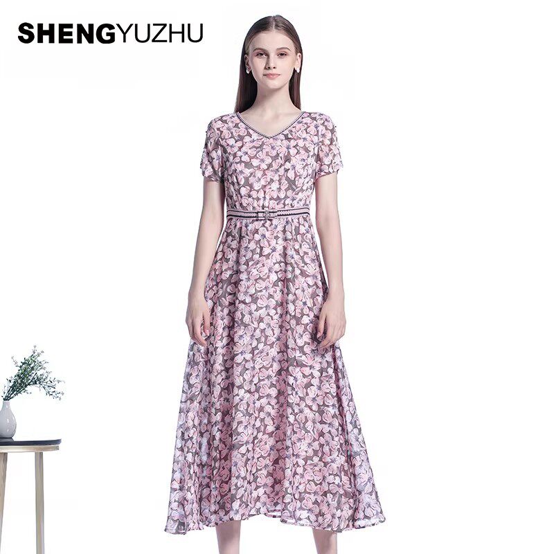 声雨竹官方旗舰夏季新款连衣裙 甜美修身短袖中长裙v领中腰A字裙