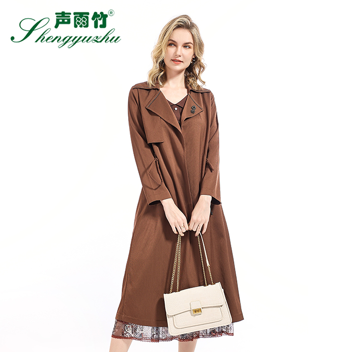 声雨竹官方专柜同款秋季新款风衣女系带收腰纯色西装领中长款外套