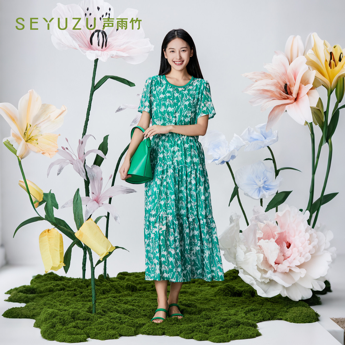 声雨竹官方旗舰店2026夏季碎花连衣裙圆领短袖宽松收腰免烫A字裙